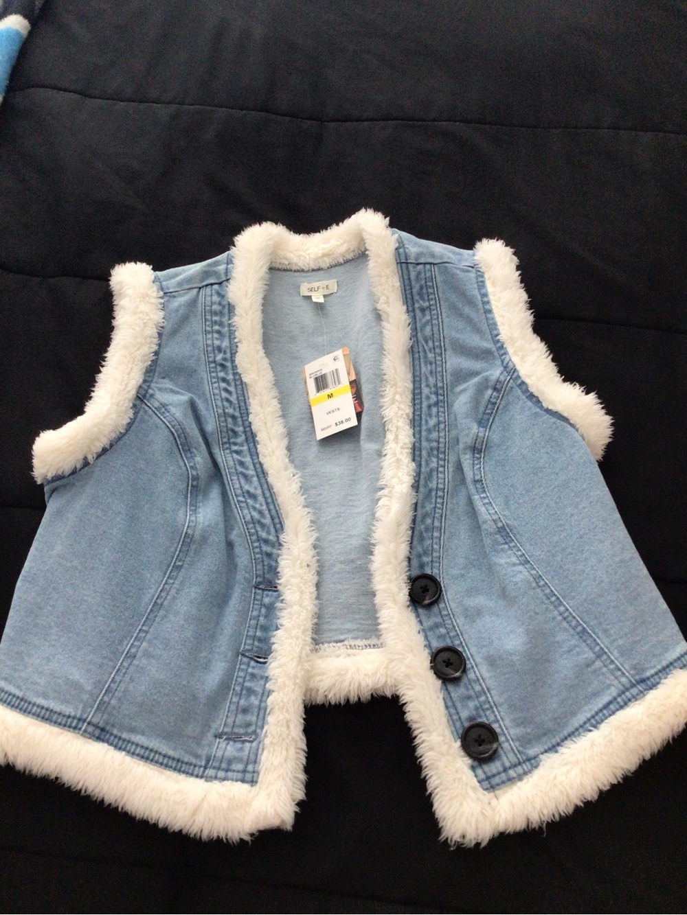 Self Esteem Light Blue Denim Vest with White Sherpa Trim